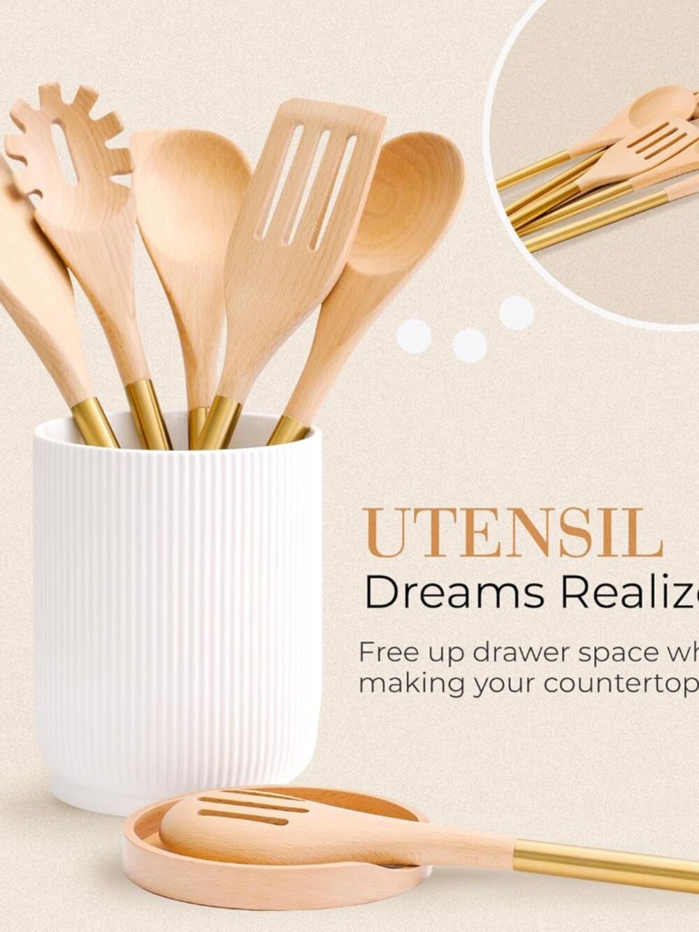 White Ceramic Utensil Holder with Built-In Wooden Spoon Rest –2PC Set for Kitche - Picture 7 of 8
